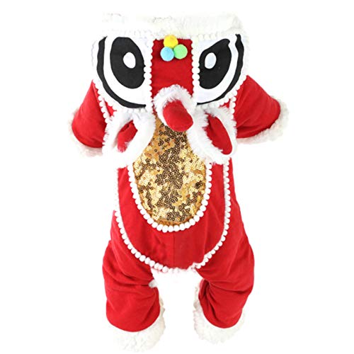 SEIS Lion Dance Hundekostüm für Vierbeiner, Neujahr, Haustierkleidung, niedlicher Katzentang-Anzug, Winter-Teddy-Kapuzenpullover Katzen, Teddybauch, kleine mittelgroße Hunde (XS (Brustumfang 42 cm) von SEIS