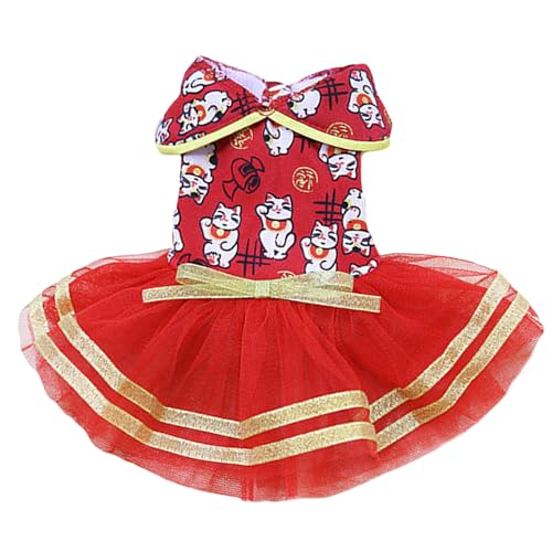 SEIS Neujahr Hund Glückskatze Spitze Kleid Winter Prinzessin Haustier Rock Kostüm der Tang Dynastie Glückskatze Muster Mantel für Katzen Teddy Bichon kleine mittelgroße Hunde (S (Brustumfang 40 cm) von SEIS