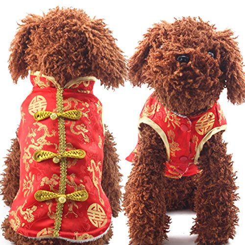 SEIS Neujahrskostüm für Hunde, Knoten, Katze, Cheongsam, Winter, Haustierkleidung, Weste der Tang-Dynastie, Weihnachtsmantel für Katzen, Bichon, kleine mittelgroße Hunde (Größe S (Brustumfang 48 cm) von SEIS