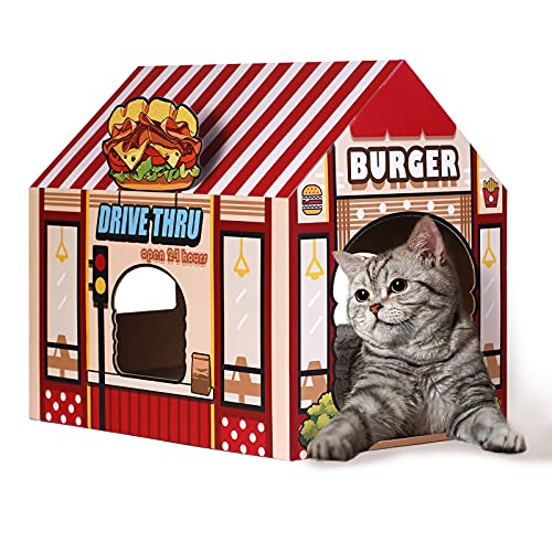 SEKAM Katzenhaus aus Karton mit Kratzer/Katzenminze, (41,8 cm x 30,5 cm x 38,1 cm) Kitty Burger Shop für Indoor-Katzen – Katzenspielhaus & Heimdekoration, gewölbtes Türhaus von SEKAM