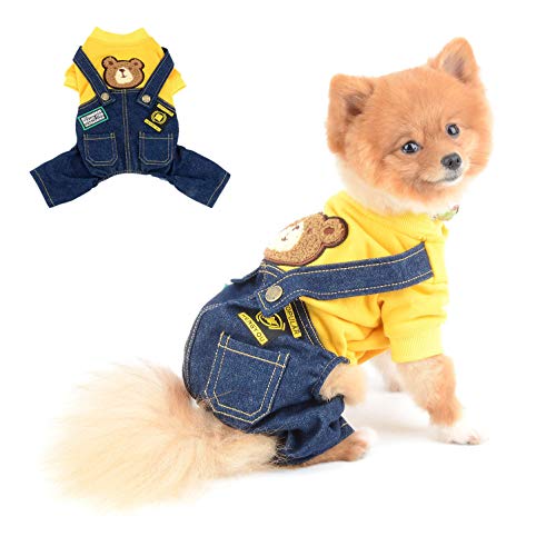 SELMAI Chihuahua Kleidung Cotton Overalls mit Trägerhose für Männliche Hunde Kleine Mittlere 2 Taschen Jeans 4 Beine Outfits für Katzen Welpen Haustierkostüme Overalls Täglich Tragen Herbst Gelb M von SELMAI