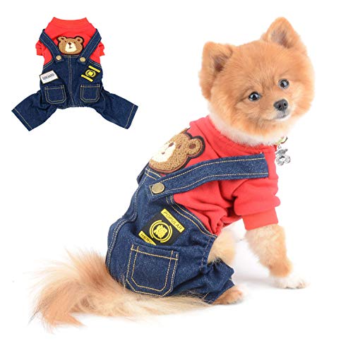 SELMAI Chihuahua Kleidung Cotton Overalls mit Trägerhose für Männliche Hunde Kleine Mittlere 2 Taschen Jeans 4 Beine Outfits für Katzen Welpen Haustierkostüme Overalls Täglich Tragen Herbst Rot S von SELMAI