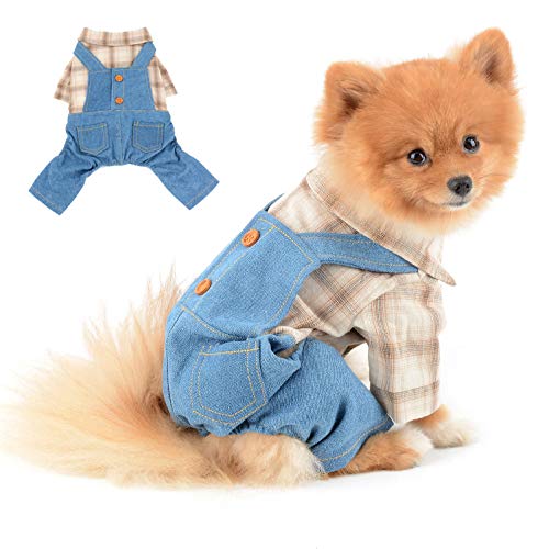 SELMAI Chihuahua Kleidung Kariertes Poloshirt mit Trägerhose für Rüden Kleine Mittlere Outfits für Katzen Welpe Entzückende Kostüme Bluse 4 Beine Overalls Onesie Daily Wear Frühling Sommer Khaki L von SELMAI