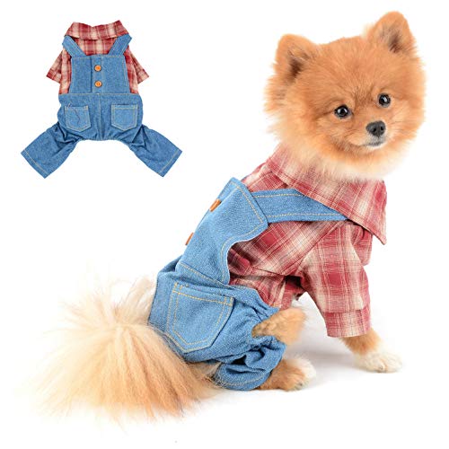 SELMAI Chihuahua Kleidung Kariertes Poloshirt mit Trägerhose für Rüden Kleine Mittlere Outfits für Katzen Welpe Entzückende Kostüme Bluse 4 Beine Overalls Onesie Daily Wear Frühling Sommer Rot S von SELMAI