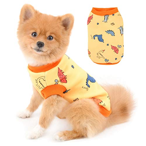 SELMAI Hundpyjamas Dinosaurier Pjs Pullover für Kleine Hunde Mädchen Junge Fleece Gefüttert Warmer Mantel Winter Welpe Chihuahua Kleidung Katzen Bekleidung 2 Bein Homewear Kaltes Wetter Herbst Gelb L von SELMAI