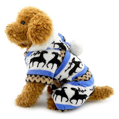 SELMAI Pet Schlafanzüge für kleine Hunde Hoodie Weiches Samt warme Rentier Schneeflocke Welpen Jumpsuit Hose Winter Katze Hund Chihuahua Yorkie Kleidung Bekleidung outsfits Blau L von SELMAI