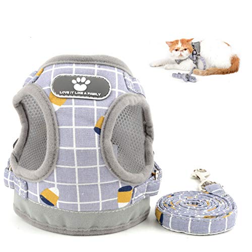 SELMAI Plaid Katzengeschirr Kitten Leine Usbruchsicher Reflektierend Brustgeschirre Weiches Mesh Brustgurt für Kleine Hunde Kein Zug Weste Laufgeschirre für Chihuahua Gehen Draussen Grau M von SELMAI