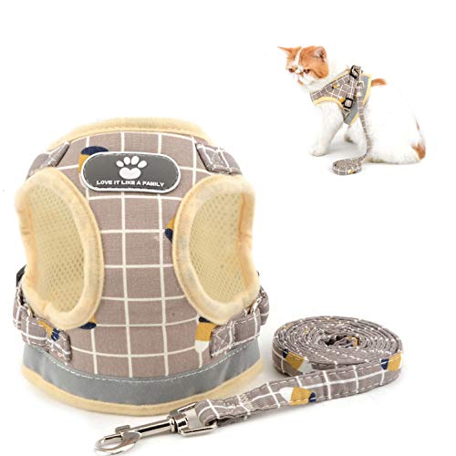 SELMAI Plaid Katzengeschirr Kitten Leine Usbruchsicher Reflektierend Brustgeschirre Weiches Mesh Brustgurt für Kleine Hunde Kein Zug Weste Laufgeschirre für Chihuahua Gehen Draussen Khaki XS von SELMAI