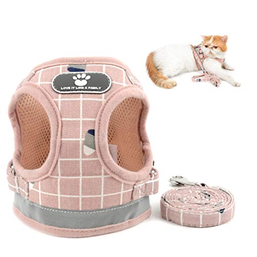 SELMAI Plaid Katzengeschirr Kitten Leine Usbruchsicher Reflektierend Brustgeschirre Weiches Mesh Brustgurt für Kleine Hunde Kein Zug Weste Laufgeschirre für Chihuahua Gehen Draussen Rosa M von SELMAI