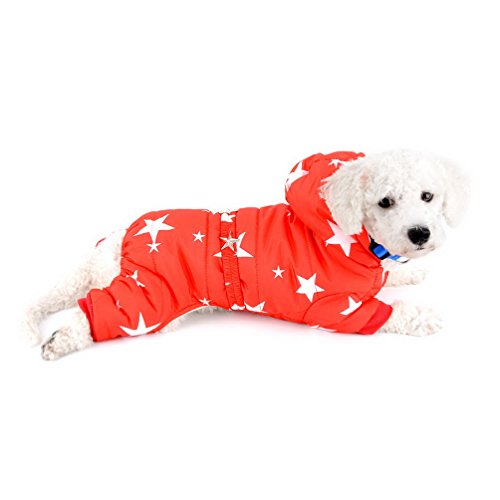 SELMAI Schneeanzug für Kleine Hunde Fleece gefüttert Star Gürtel Kapuzen Jumpsuit Four-Legs Hose Winter Mäntel Puppy Hund Chihuahua Apparel Kleidung Outfits, L, Rot von SELMAI