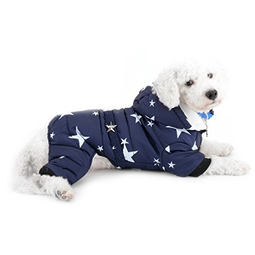 SELMAI Schneeanzug für kleine Hunde, Fleece-gefüttert, Sterngürtel, Kapuze, Overall, Vierbeine, Hose, Wintermäntel, Welpen, Hunde, Chihuahua, Kleidung, Outfits, Blau, L von SELMAI