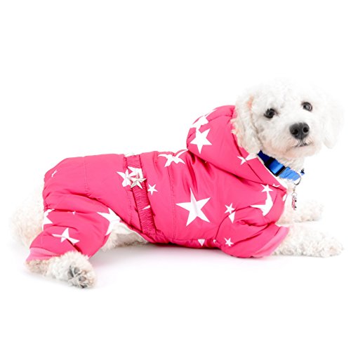 SELMAI Schneeanzug für kleine Hunde, mit Fleece gefüttert, Sternengürtel, Kapuze, Overall, Vierbein-Hose, Wintermäntel, Welpen, Hunde, Chihuahua, Bekleidung, Outfits, Rosa, Größe L von SELMAI