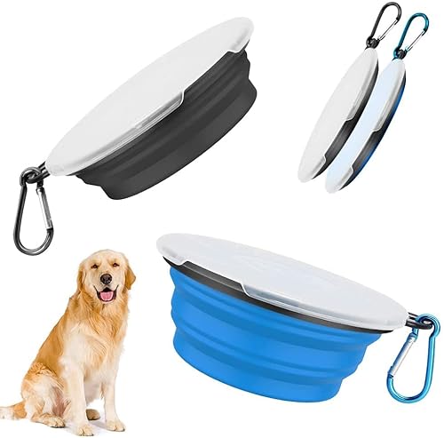 Hundenäpfe Faltbare Reiseschale 2 Stück fütternde Hundenäpfe mit Deckel und Haken,Auslaufsichere Hundenapf Tragbare Silikon Trinkschale für Katzen,Hunde Wanderungen and Camping (XL, Black Blue) von SENDR.KR