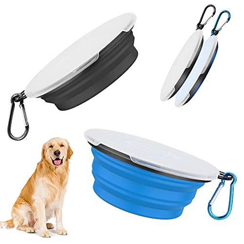 Hundenäpfe Faltbare Reiseschale 2 Stück fütternde Hundenäpfe mit Deckel und Haken, Hundenapf Tragbare Silikon Trinkschale für Katzen,Hunde Wanderungen and Camping (L, Black Blue) von SENDR.KR