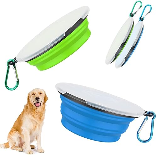 Hundenäpfe Faltbare Reiseschale 2 Stück fütternde Hundenäpfe mit Deckel und Haken,Auslaufsichere Hundenapf Tragbare Silikon Trinkschale für Katzen,Hunde Wanderungen and Camping (XL, Green Blue) von SENDR.KR