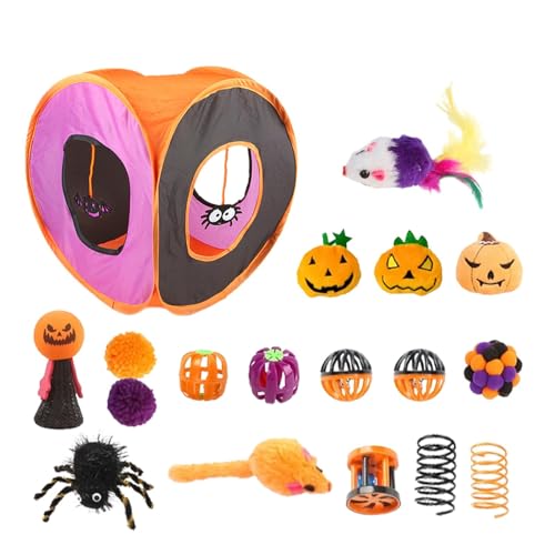 Kitten Starter Kit Bundle - Halloween Cat Tunnel Toys Set - Halloween Folding Cat Cube Tunnel Toy, Interactive Toy Set Feather Spring Ball Toys for Cat and Kitty von SENZZ