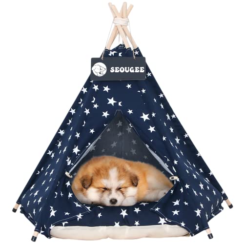 SEOUGEE Haustiere Tipi Zelt für Hunde und Katzen Waschbar und Abnehmbar Baumwolle Canvas Hundebett und Katzenhaus mit Kissen Indoor und Outdoor Pet Kennel und Spielhaus Tragbar und Stilvolles Tipi von SEOUGEE