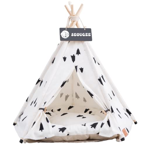 SEOUGEE Haustiere Tipi Zelt für Hunde und Katzen Waschbar und Abnehmbar Baumwolle Canvas Hundebett und Katzenhaus mit Kissen Indoor und Outdoor Pet Kennel und Spielhaus Tragbar und Stilvolles Tipi von SEOUGEE