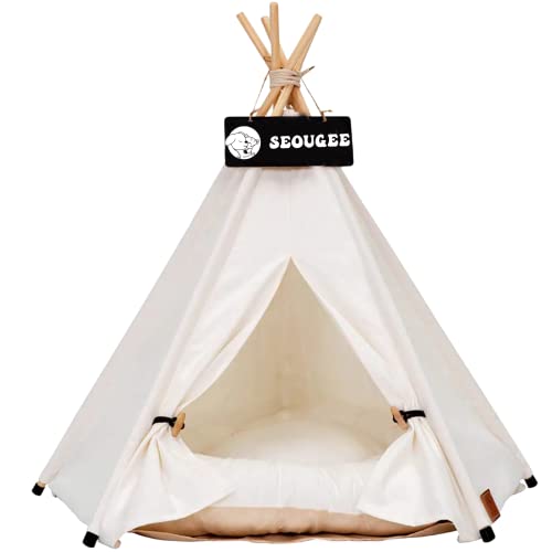 SEOUGEE Haustiere Tipi Zelt für Hunde und Katzen Waschbar und Abnehmbar Baumwolle Canvas Hundebett und Katzenhaus mit Kissen Indoor und Outdoor Pet Kennel und Spielhaus Tragbar und Stilvolles Tipi von SEOUGEE