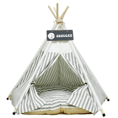 SEOUGEE Haustiere Tipi Zelt für Hunde und Katzen Waschbar und Abnehmbare Baumwoll-Leinen-Hundebett und Katzenhaus mit Kissen Indoor und Outdoor Haustierhütte und Spielhaus Tragbares und stilvolles Tipi-Design von SEOUGEE