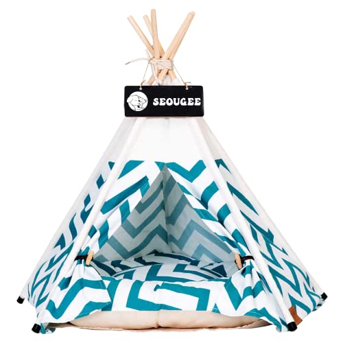 SEOUGEE Pets Tipi Zelt für Hunde und Katzen Waschbar und Abnehmbar Baumwolle Canvas Hundebett und Katzenhaus mit Kissen Indoor und Outdoor Pet Kennel and Play House Portable and Stylish Tipi Design von SEOUGEE