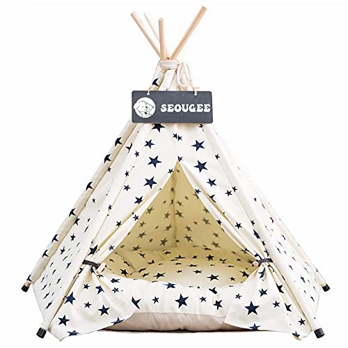 SEOUGEE Haustiere Tipi Zelt für Hunde und Katzen Waschbar und Abnehmbare Baumwoll-Leinen-Hundebett und Katzenhaus mit Kissen Indoor und Outdoor Haustierhütte und Spielhaus Tragbares und stilvolles Tipi-Design von SEOUGEE