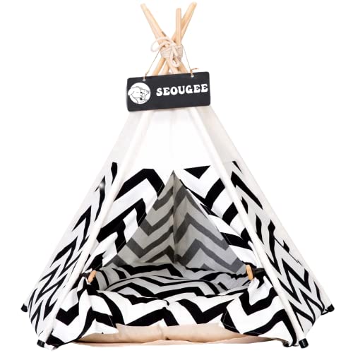 SEOUGEE Pets Tipi Zelt für Hunde und Katzen Waschbar und Abnehmbar Baumwolle Canvas Hundebett und Katzenhaus mit Kissen Indoor und Outdoor Pet Kennel and Play House Portable and Stylish Tipi Design von SEOUGEE