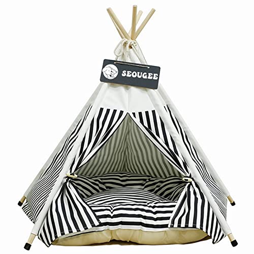 SEOUGEE Haustiere Tipi Zelt für Hunde und Katzen Waschbar und Abnehmbare Baumwoll-Leinen-Hundebett und Katzenhaus mit Kissen Indoor und Outdoor Haustierhütte und Spielhaus Tragbares und stilvolles Tipi-Design von SEOUGEE