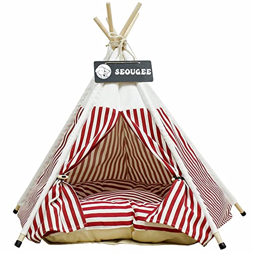 SEOUGEE Haustiere Tipi Zelt für Hunde und Katzen Waschbar und Abnehmbare Baumwoll-Leinen-Hundebett und Katzenhaus mit Kissen Indoor und Outdoor Haustierhütte und Spielhaus Tragbares und stilvolles Tipi-Design von SEOUGEE