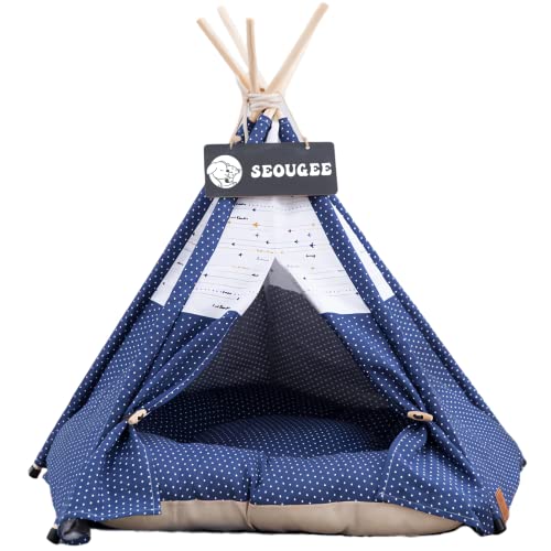 SEOUGEE Haustiere Tipi Zelt für Hunde und Katzen Waschbar und Abnehmbare Baumwoll-Leinen-Hundebett und Katzenhaus mit Kissen Indoor und Outdoor Haustierhütte und Spielhaus Tragbares und stilvolles Tipi-Design von SEOUGEE