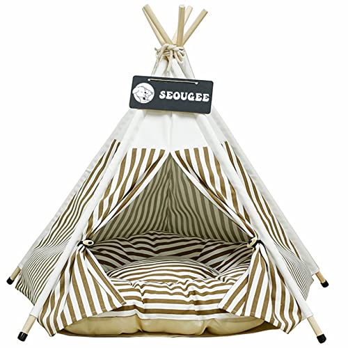 SEOUGEE Haustiere Tipi Zelt für Hunde und Katzen Waschbar und Abnehmbar Baumwolle Canvas Hundebett und Katzenhaus mit Kissen Indoor und Outdoor Pet Kennel und Spielhaus Tragbar und Stilvolles Tipi von SEOUGEE