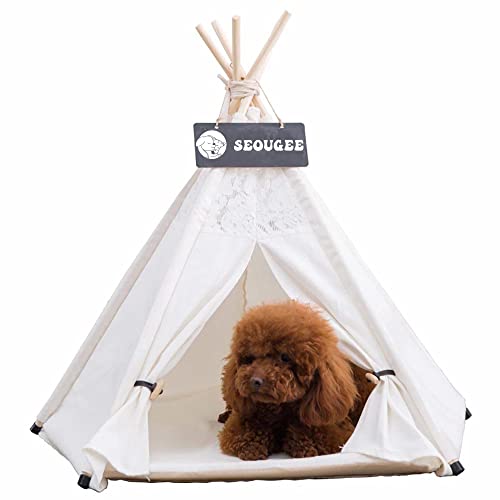 SEOUGEE Haustiere Tipi Zelt für Hunde und Katzen Waschbar und Abnehmbare Baumwoll-Leinen-Hundebett und Katzenhaus mit Kissen Indoor und Outdoor Haustierhütte und Spielhaus Tragbares und stilvolles Tipi-Design von SEOUGEE