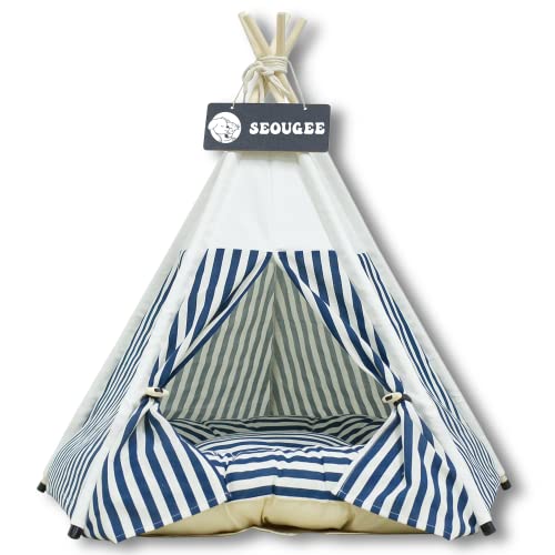 SEOUGEE Haustiere Tipi Zelt für Hunde und Katzen Waschbar und Abnehmbare Baumwoll-Leinen-Hundebett und Katzenhaus mit Kissen Indoor und Outdoor Haustierhütte und Spielhaus Tragbares und stilvolles Tipi-Design von SEOUGEE