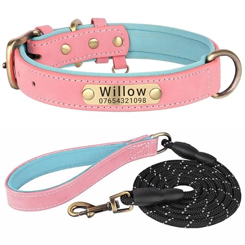 SEOUGEE Hundehalsband aus echtem Leder, personalisierbar und Leine, weich gepolstert, strapazierfähig, mit individuellem Namensschild für kleine, mittelgroße und große Hunde (M, Rosa, Set 28–37 cm) von SEOUGEE