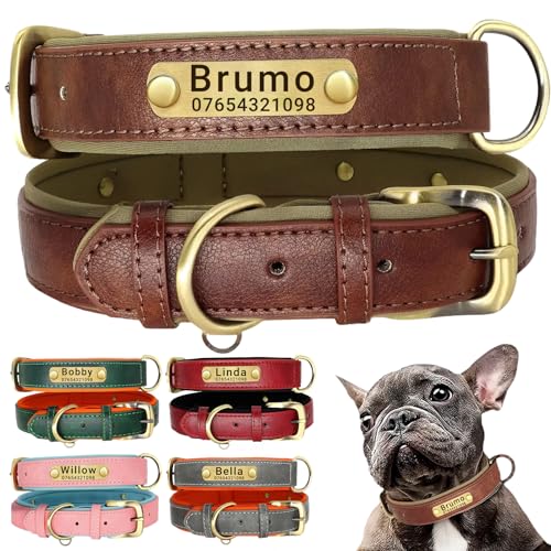 SEOUGEE Hundehalsband aus echtem Leder, personalisierbar, weich gepolstert, strapazierfähig, mit individuell graviertem Namensschild, verstellbar für kleine, mittelgroße und große Hunde (L, Braun von SEOUGEE