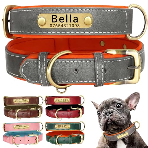 SEOUGEE Hundehalsband aus echtem Leder, personalisierbar, weich gepolstert, strapazierfähig, mit individuell graviertem Namensschild, verstellbar für kleine, mittelgroße und große Hunde (L, Grau 35–45 von SEOUGEE