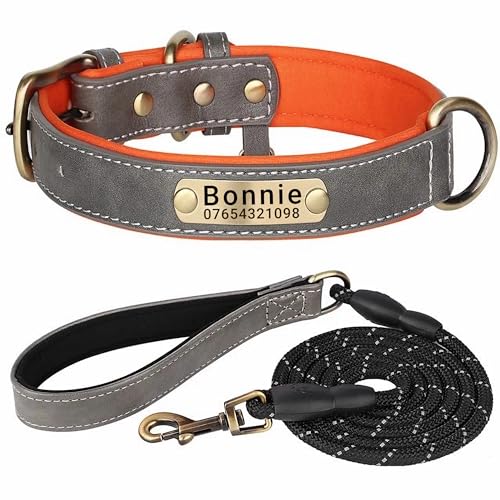 SEOUGEE Hundehalsband aus echtem Leder, personalisierbar und mit Leine, weich gepolstert, strapazierfähig, mit individuellem Namensschild für kleine, mittelgroße und große Hunde (S, Grau, Set 23–32 von SEOUGEE