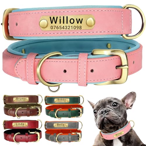 SEOUGEE Hundehalsband aus echtem Leder, personalisierbar, weich gepolstert, strapazierfähig, mit individuell graviertem Namensschild, verstellbar für kleine, mittelgroße und große Hunde (XL, Rosa, von SEOUGEE