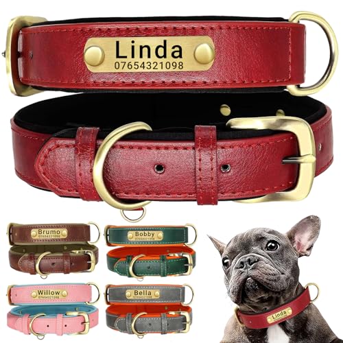 SEOUGEE Hundehalsband aus echtem Leder, personalisierbar, weich gepolstert, strapazierfähig, mit individuell graviertem Namensschild, verstellbar für kleine, mittelgroße und große Hunde (XS, Rot, von SEOUGEE