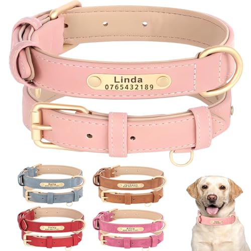 SEOUGEE Hundehalsband aus echtem Leder, weich gepolstert, strapazierfähig, mit individuell graviertem Namensschild, verstellbar für kleine, mittelgroße und große Hunde (S, Rosa, Set 23–32 cm) von SEOUGEE