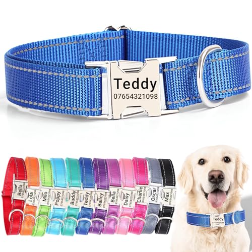 SEOUGEE Hundehalsband mit gravierter Metallschnalle, reflektierendes Nylon-Halsband für kleine, mittelgroße und große Hunde, mit individuellem Namensschild, Telefonnummer, verstellbar (Dunkelblau, XS: von SEOUGEE