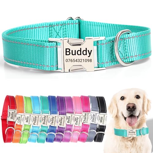 SEOUGEE Hundehalsband mit gravierter Metallschnalle, reflektierendes Nylon-Halsband für kleine, mittelgroße und große Hunde mit individuellem Namensschild, Telefonnummer (Dunkelgrün, S: Halsumfang von SEOUGEE