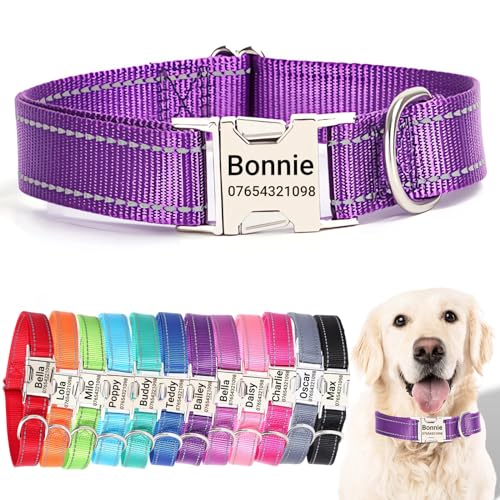 SEOUGEE Hundehalsband mit gravierter Metallschnalle, reflektierendes Nylon-Halsband für kleine, mittelgroße und große Hunde mit individuellem Namensschild, Telefonnummer (Dunkelviolett, M: Halsumfang von SEOUGEE