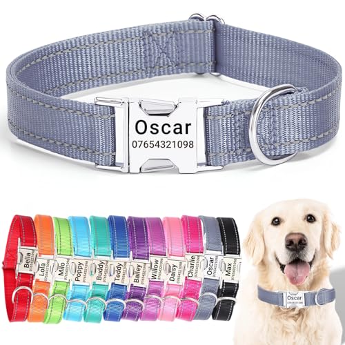 SEOUGEE Hundehalsband mit gravierter Metallschnalle, reflektierendes Nylon-Halsband für kleine, mittelgroße und große Hunde mit individuellem Namensschild, Telefonnummer (Grau, S: Halsumfang 30–40 cm, von SEOUGEE