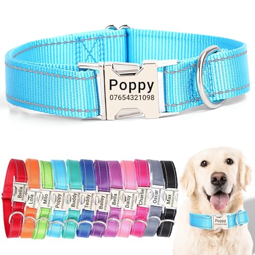 SEOUGEE Hundehalsband mit gravierter Metallschnalle, reflektierendes Nylon-Halsband für kleine, mittelgroße und große Hunde mit individuellem Namensschild, Telefonnummer (Himmelblau, L: Halsumfang von SEOUGEE