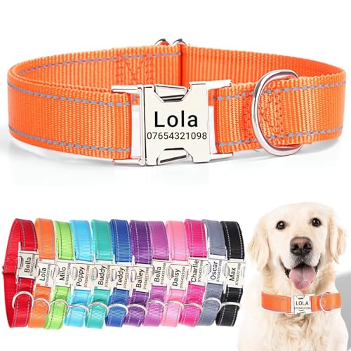 SEOUGEE Hundehalsband mit gravierter Metallschnalle, reflektierendes Nylon-Halsband für kleine, mittelgroße und große Hunde mit individuellem Namensschild, Telefonnummer (Orange, L: Halsumfang 40–60 von SEOUGEE