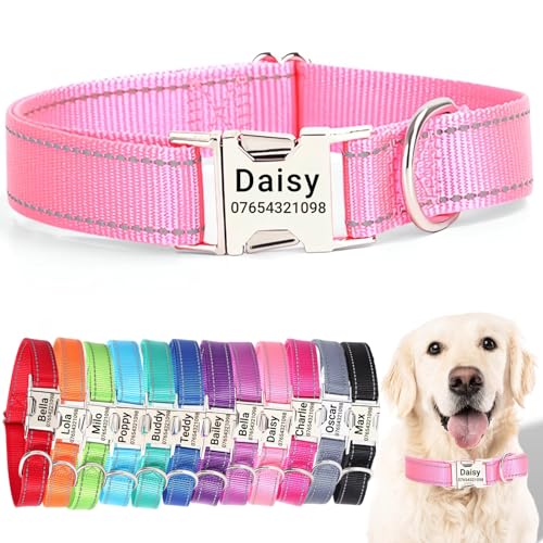 SEOUGEE Hundehalsband mit gravierter Metallschnalle, reflektierendes Nylon-Halsband für kleine, mittelgroße und große Hunde mit individuellem Namensschild, Telefonnummer (Rosa, M: Halsumfang 35–50 cm, von SEOUGEE