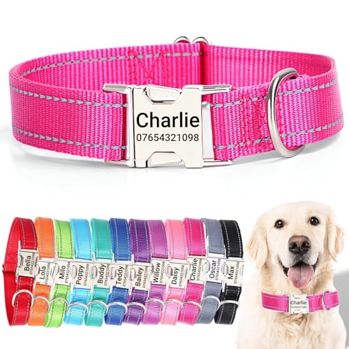 SEOUGEE Hundehalsband mit gravierter Metallschnalle, reflektierendes Nylon-Halsband für kleine, mittelgroße und große Hunde mit individuellem Namensschild, Telefonnummer (Rosarot, L: Halsumfang 40–60 von SEOUGEE