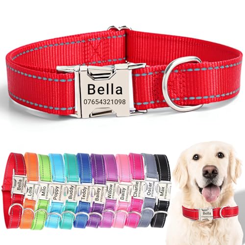 SEOUGEE Hundehalsband mit gravierter Metallschnalle, reflektierendes Nylon-Halsband für kleine, mittelgroße und große Hunde mit individuellem Namensschild, Telefonnummer (Rot, L: Halsumfang 40–60 cm, von SEOUGEE