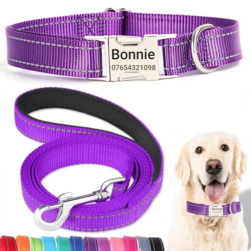 SEOUGEE Hundehalsband mit gravierter Metallschnalle, reflektierendes Nylon-Halsband für kleine, mittelgroße und große Hunde mit individuellem Namensschild, Telefonnummer (dunkelviolettes Set, XS: von SEOUGEE